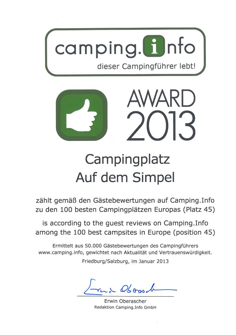 Urkunde camping.info-Award 2013